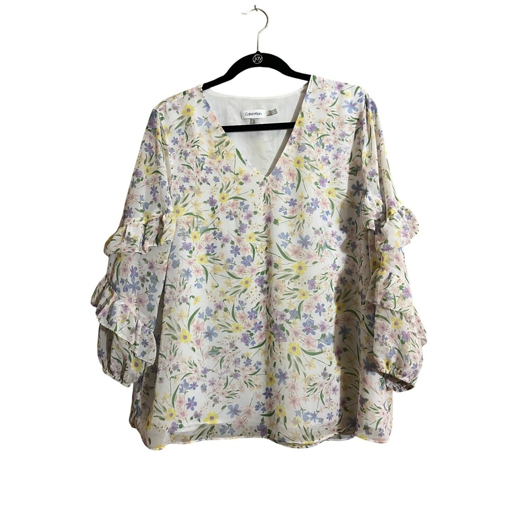 Calvin Klein Womens Floral Ruffle Sleeve V-Neck Blouse White Pastel M MOCAZ698